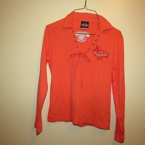 Harley Davidson Orange V Neck Long Sleeve Top M